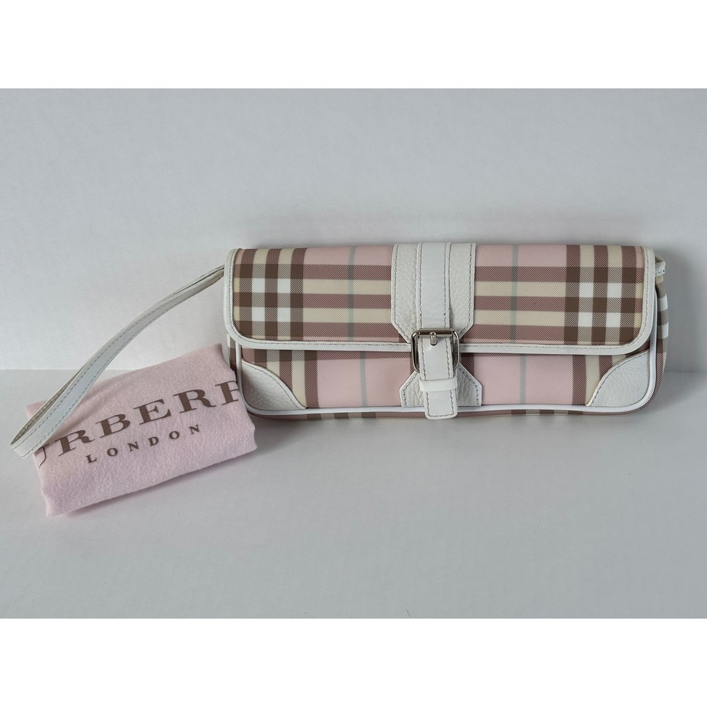 Burberry London Pink Nova Check Wristlet Bag White Leather Trim Buckle Flap